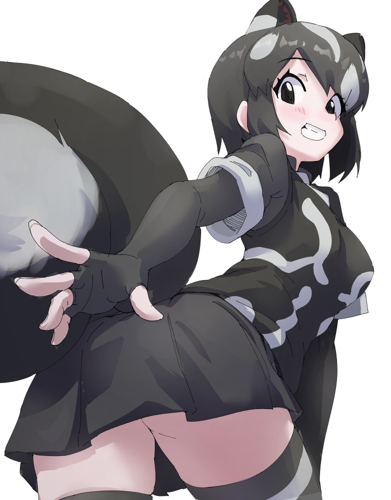 1girl animal_print black_gloves black_hair black_shirt black_skirt black_thighhighs blush brown_eyes collared_shirt elbow_gloves extra_ears fingerless_gloves from_behind from_below gloves kemono_friends looking_at_viewer looking_back looking_down lowlandgorilla multicolored_hair necktie pleated_skirt print_shirt shirt short_hair short_sleeves sidelocks skirt skunk_ears skunk_girl skunk_tail smile solo spotted_skunk_(kemono_friends) t-shirt thighhighs two-tone_hair two-tone_shirt two-tone_thighhighs white_hair white_necktie white_shirt white_thighhighs white_trim zettai_ryouiki
