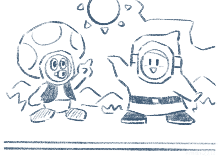 belt belt_buckle blue_theme buckle dama8457 gas_mask mario_(series) mask nintendo no_humans open_clothes open_mouth open_vest paper_cutout paper_mario paper_mario:_the_origami_king shoes sketch smile snifit solid_oval_eyes standing sun_symbol toad_(mario) vest yellow_toad_(mario)