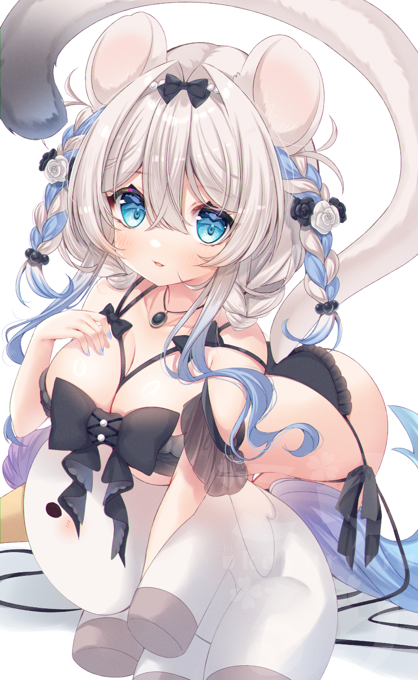 1girl animal_ears bikini black_bikini black_bow black_flower black_rose blue_eyes blue_hair blue_nails bow braid breasts collarbone first_stage_production flower grey_hair hair_flower hair_ornament highres holding holding_stuffed_toy jewelry ko_yu large_breasts mouse_ears mouse_girl multicolored_hair necklace nilim_snowmelt rose side-tie_bikini_bottom streaked_hair stuffed_animal stuffed_horse stuffed_toy swimsuit tail twin_braids virtual_youtuber watermark white_flower white_rose