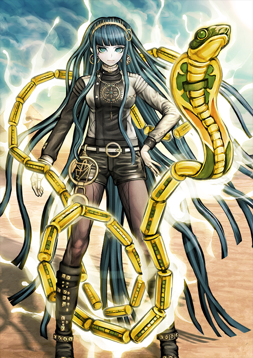 1girl aqua_hair arm_at_side belt belt_buckle belt_collar black_boots black_jacket black_shorts blue_eyes blue_sky blunt_bangs blunt_ends boots breasts brown_pantyhose buckle buttons cleopatra_(fate) closed_mouth cloud cobra_(animal) collar desert earrings familiar fate/grand_order fate_(series) feet_out_of_frame floating_hair frown gold_earrings gold_hairband gold_ring hairband hand_on_own_hip high_collar jacket jewelry kishimen_hair komatsuzaki_rui legs_apart lightning lips long_hair long_sidelocks long_sleeves looking_at_viewer multicolored_jacket multiple_rings official_art pantyhose pantyhose_under_shorts pyramid_(structure) ring sand short_shorts shorts sidelocks sky snake solo standing third-party_source thumb_ring two-tone_jacket uraeus_astrape v-shaped_eyebrows variant_set very_long_hair white_belt white_collar white_jacket
