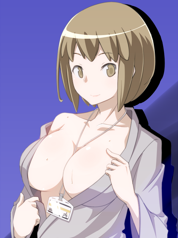 1girl breasts brown_eyes brown_hair collarbone devil_survivor_(series) devil_survivor_2 large_breasts looking_at_viewer name_tag nitta_io onaka_itai short_hair simple_background smile solo sweat