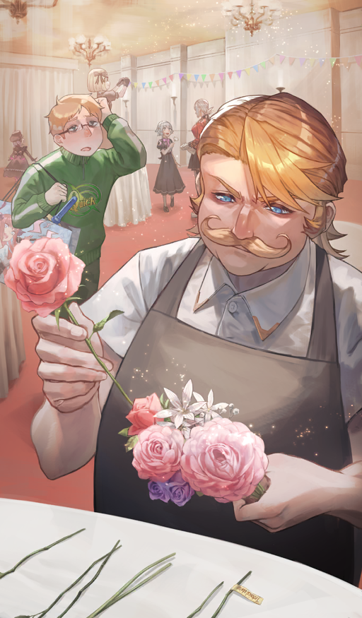 2boys 4girls apron baby&#039;s-breath bag black_pants blonde_facial_hair blonde_hair blue_eyes bouquet brown_apron buttons chandelier closed_mouth collared_shirt commentary elizabeth_bathory_(fate) facial_hair fat fat_man fate/grand_order fate_(series) florence_nightingale_(fate) flower flower_request giant giantess glasses goredolf_musik grass_lily green_eyes green_jacket hand_on_own_head holding holding_bag holding_bouquet holding_flower indoors jack_the_ripper_(fate/apocrypha) jacket jingle_abel_meuniere light_particles long_sleeves makitoshi0316 male_focus medium_hair multiple_boys multiple_girls mustache nursery_rhyme_(fate) official_art open_mouth pants paul_bunyan_(fate) pennant pink_flower pink_rose purple_flower purple_rose quick_shirt rectangular_eyewear rose semi-rimless_eyewear serious shirt short_hair short_sleeves sideburns solo_focus table third-party_source track_jacket v-shaped_eyebrows white_flower wing_collar