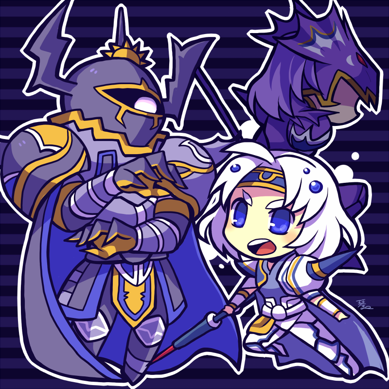 3boys ahoge armor blue_eyes blue_headband cain_highwind cecil_harvey dissidia_final_fantasy fake_horns final_fantasy full_armor full_body golbez grey_armor headband helmet holding holding_weapon horned_helmet horns kotorai looking_at_another male_focus multiple_boys no_nose open_mouth outline short_hair signature standing striped_background weapon white_armor white_hair white_outline