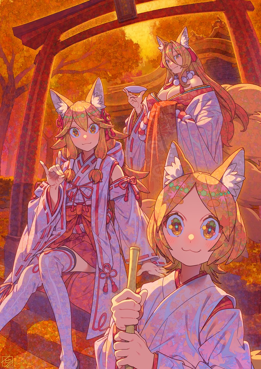 3girls :3 animal_ear_fluff animal_ears blonde_hair bow breasts broom character_request cleavage commentary_request copyright_request cup detached_sleeves double-parted_bangs dress ear_ribbon fox_ears fox_girl fox_shadow_puppet fox_tail hair_between_eyes highres holding holding_broom holding_cup japanese_clothes jewelry kimono large_breasts long_hair long_sleeves medium_hair multiple_girls necklace nobile1031 off-shoulder_dress off_shoulder orange_dress orange_sky parted_bangs pearl_necklace pom_pom_(clothes) red_bow red_ribbon red_shirt red_skirt ribbon ribbon-trimmed_kimono ribbon-trimmed_sleeves ribbon_trim robe sakazuki shirt short_hair sitting skirt sky smile sparkling_eyes standing tail thighhighs torii tree white_kimono white_robe white_thighhighs wide_sleeves yellow_eyes