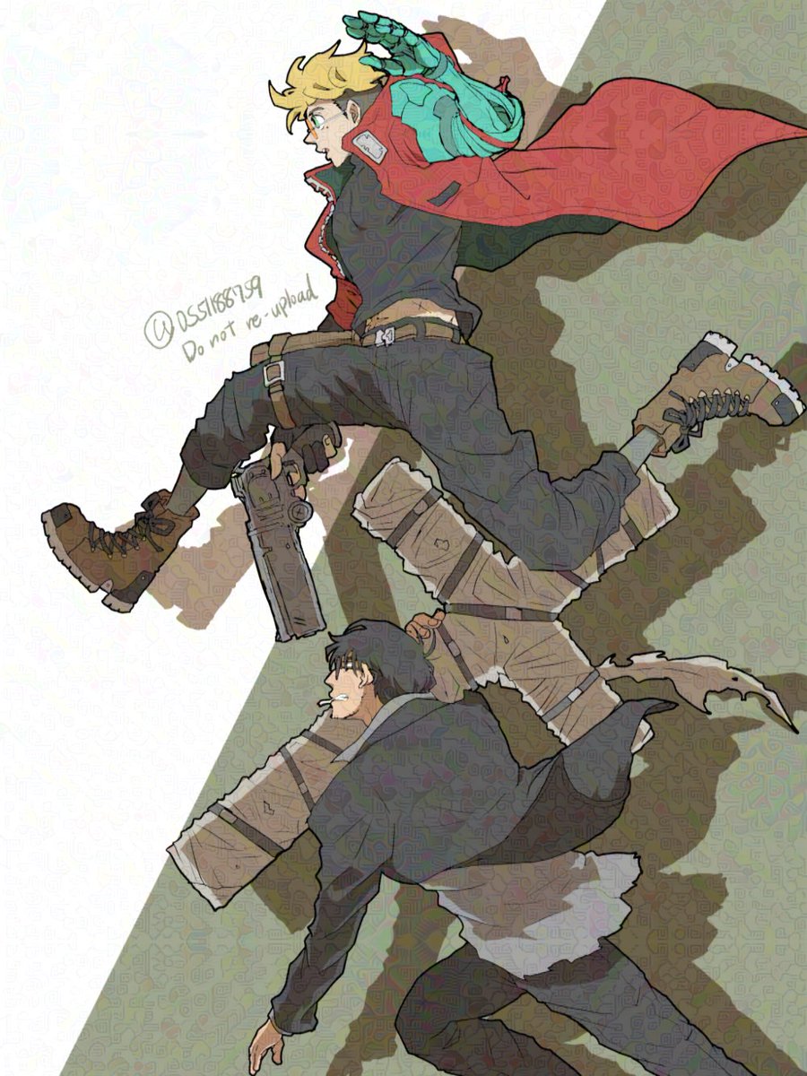 2boys black_hair black_jacket black_pants blonde_hair boots coat commentary full_body gun highres holding holding_gun holding_weapon jacket jumping looking_ahead mechanical_arms multiple_boys nicholas_d._wolfwood os51188759 pants profile red_coat shadow simple_background single_mechanical_arm trigun twitter_username vash_the_stampede weapon white_background