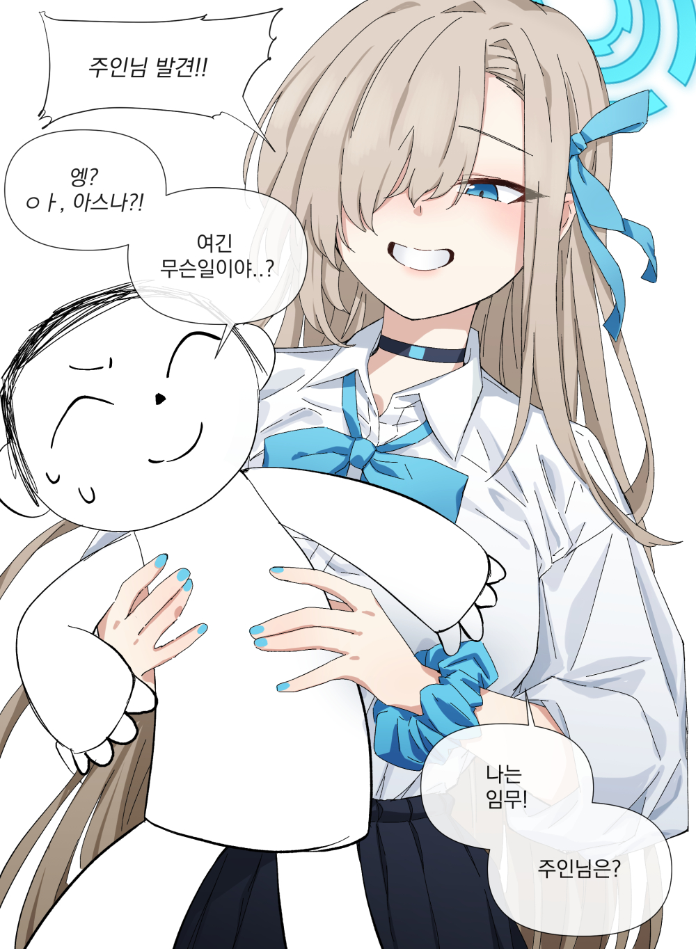 1boy 1girl asuna_(blue_archive) asymmetrical_bangs black_choker black_skirt blonde_hair blue_archive blue_bow blue_eyes blue_halo blue_nails blue_necktie blue_scrunchie bow bowtie carrying carrying_person choker doodle_sensei_(blue_archive) hair_bow hair_over_one_eye halo highres korean_commentary korean_text lifting_person long_hair long_sleeves loose_bowtie necktie open_mouth ribbon scrunchie sensei_(blue_archive) shirt sin_seishun size_difference skirt sleeves_rolled_up smile speech_bubble sweat talking translation_request white_shirt wrist_scrunchie