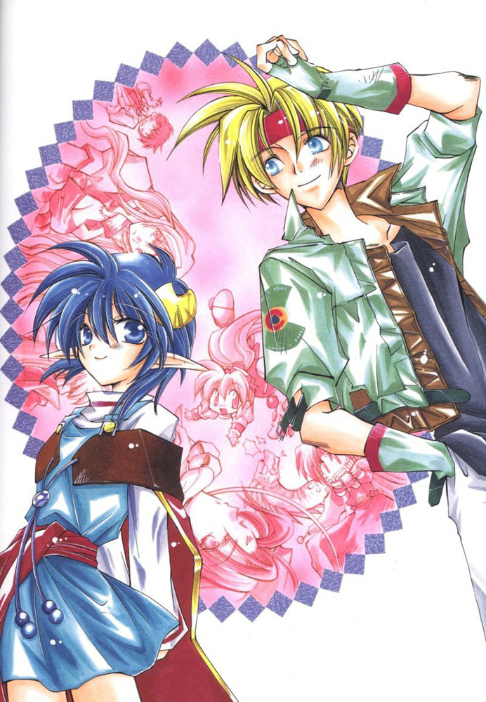 4boys 4girls ashton_anchors azuma_mayumi blonde_hair blue_eyes blue_hair blue_skirt bowman_jean cape celine_jules claude_c._kenny crescent crescent_hair_ornament dias_flac fingerless_gloves gloves hair_ornament headband multiple_boys multiple_girls official_art opera_vectra pink_background pointy_ears precis_neumann rena_lanford scan short_hair skirt smile star_ocean star_ocean_ex star_ocean_the_second_story