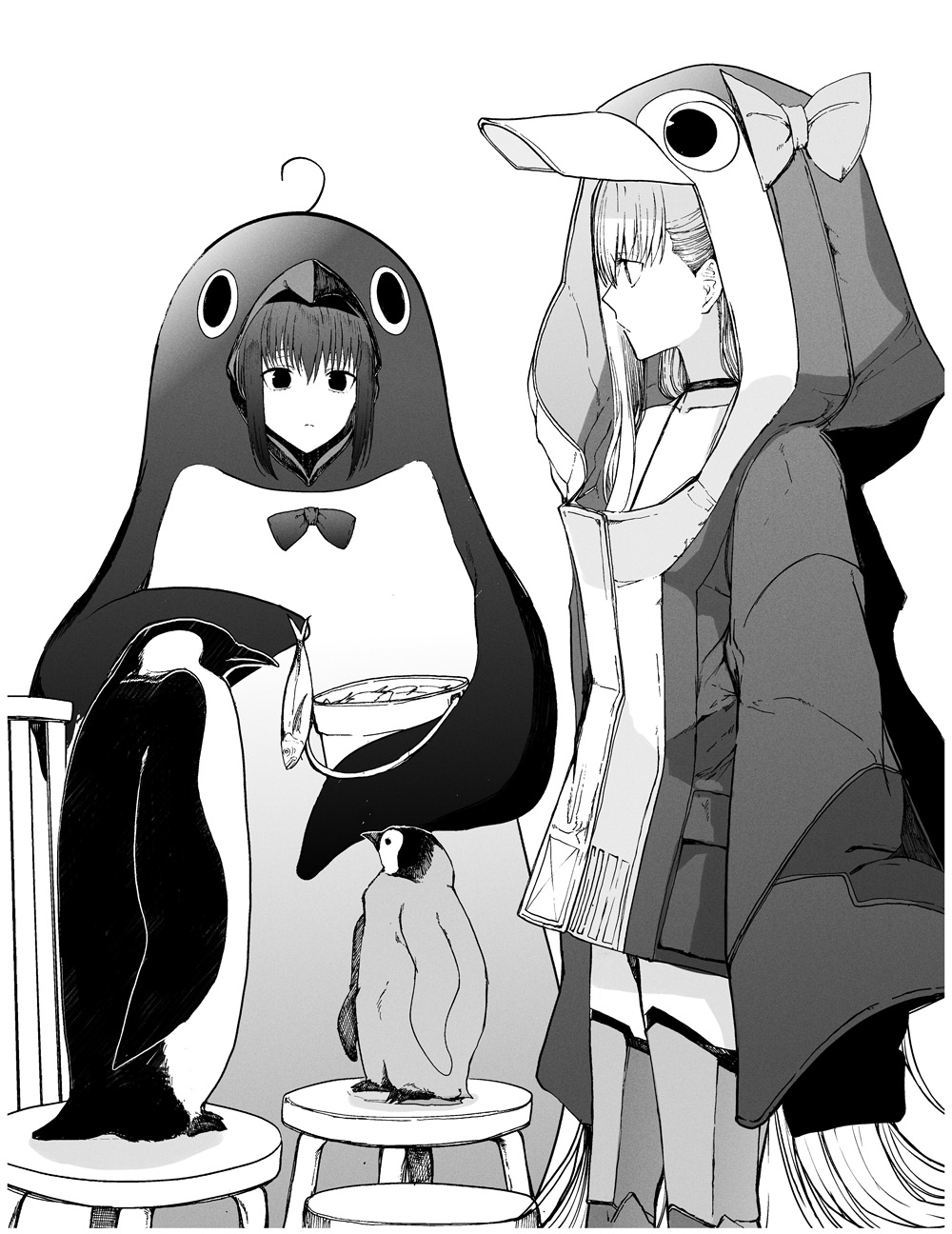 2girls animal_costume animal_hood bird bow bowtie bucket clenched_hand fate/grand_order fate_(series) greyscale highres hood kuonji_alice long_hair long_sleeves meltryllis meltryllis_(fate) meltryllis_(swimsuit_lancer)_(fate) meltryllis_(swimsuit_lancer)_(first_ascension)_(fate) monochrome multiple_girls penguin penguin_costume penguin_hood sleeves_past_fingers sleeves_past_wrists stool syatey white_background
