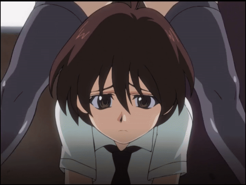 1boy 1girl animated animated_gif anime_screenshot breast_rest breasts breasts_on_head brown_hair eiken happy huge_breasts mifune_densuke misono_kirika open_mouth purple_hair school_uniform smile zashono_academy_school_uniform