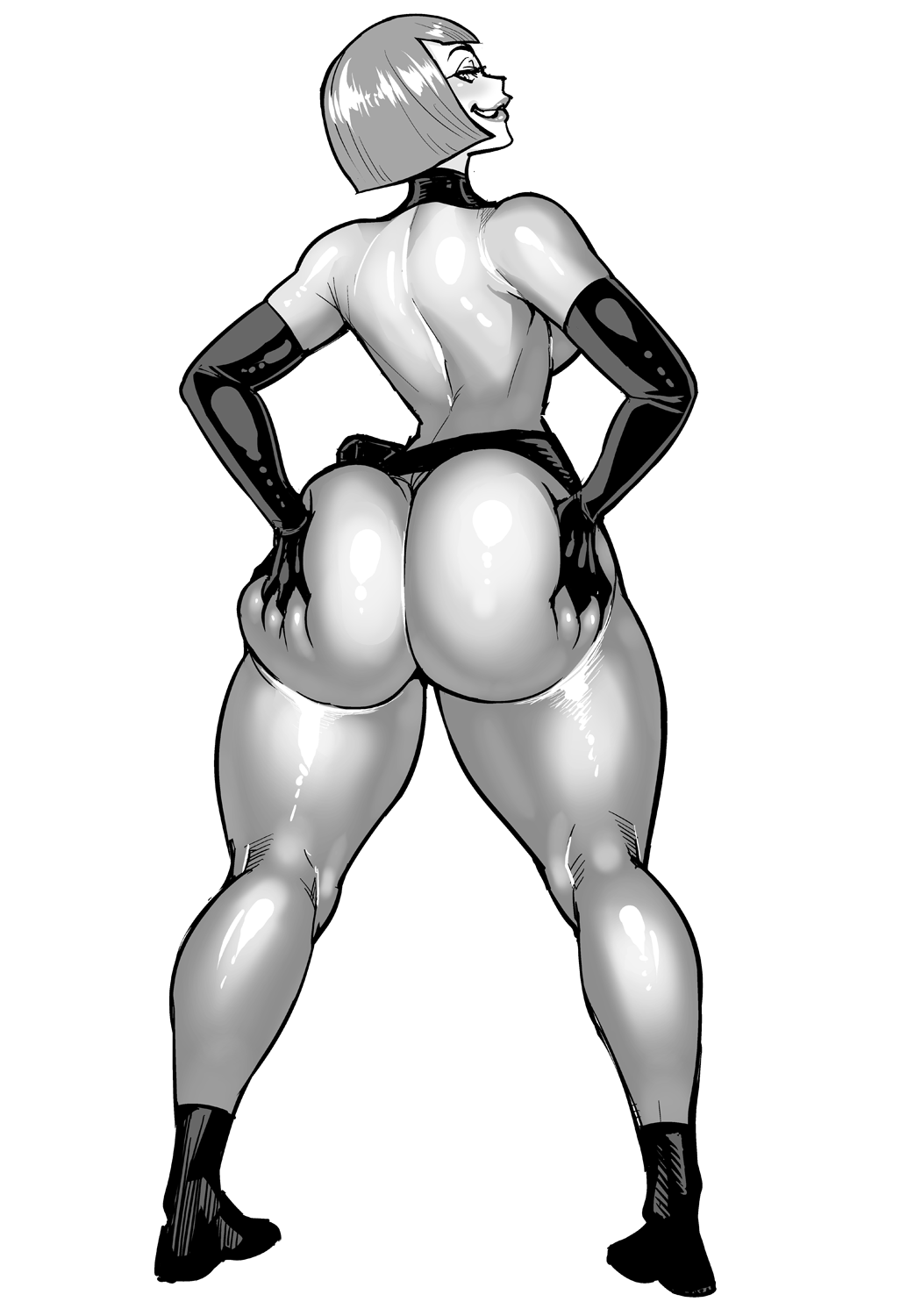 1girl ass bodysuit breasts curvy danny_phantom elbow_gloves from_behind full_body gloves grabbing_own_ass greyscale grin highres huge_ass large_breasts lips lipstick looking_at_viewer looking_back maddie_fenton makeup mature_female monochrome narrow_waist naughty_face seductive_smile sexually_suggestive shiny_clothes short_hair simple_background skin_tight smile solo standing synecdoche thick_thighs thighs white_background wide_hips