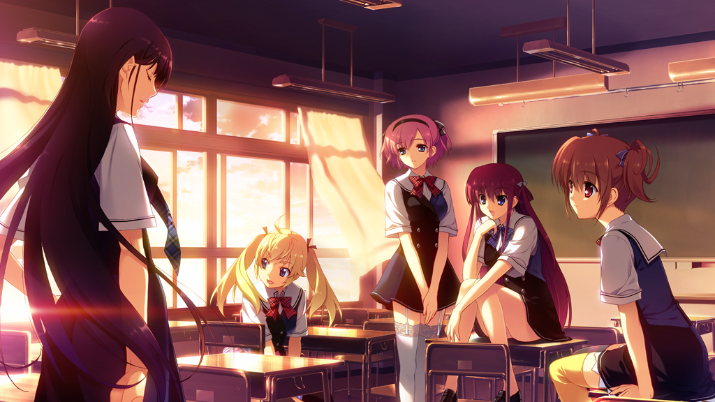5girls black_hair black_shoes black_thighhighs blonde_hair blue_eyes breasts brown_hair ceiling_light chair chalkboard classroom closed_eyes curtains desk diffraction_spikes from_side fumio_(ura_fmo) garter_straps grisaia_(series) grisaia_no_kajitsu hair_ribbon irisu_makina komine_sachi lens_flare long_hair long_legs matsushima_michiru medium_breasts multiple_girls no_socks non-web_source pink_hair purple_hair red_eyes reflection ribbon sakaki_yumiko school_chair school_desk school_uniform shoes short_twintails suou_amane thighhighs title twintails watanabe_akio white_thighhighs yellow_thighhighs