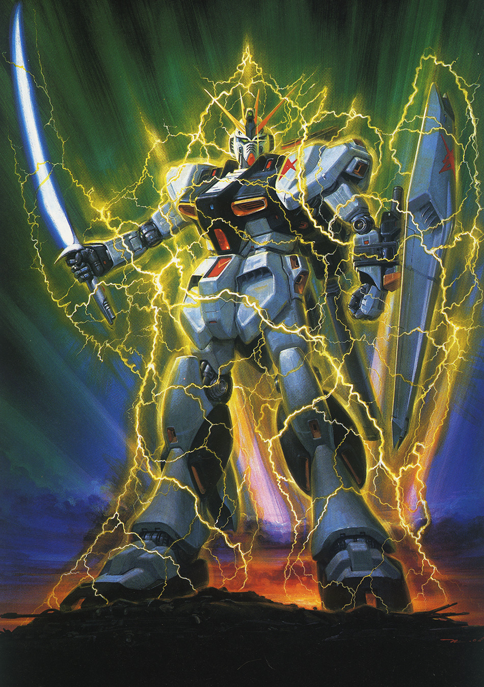 1980s_(style) anaheim_electronics artist_request battle energy_sword char&#039;s_counterattack electricity emblem energy energy_field glowing glowing_eye gundam highres looking_at_viewer machinery mecha mecha_focus mobile_suit no_humans nu_gundam official_art oldschool painting_(medium) production_art promotional_art redesign retro_artstyle robot scan science_fiction shield traditional_media v-fin weapon