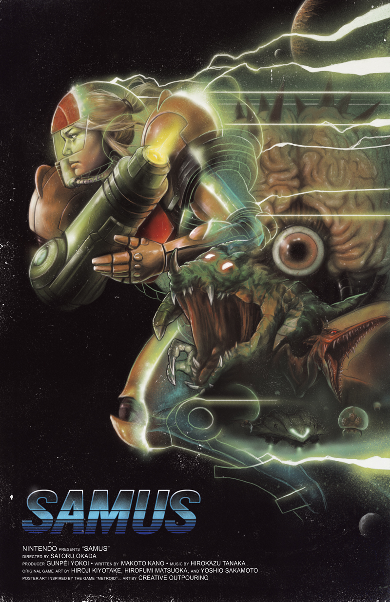1girl arm_cannon blonde_hair brain english_text highres josh_ketchen kraid metroid metroid_(creature) metroid_larva monster mother_brain movie_poster nintendo planet ponytail power_suit_(metroid) realistic ridley samus&#039;s_gunship samus_aran super_metroid varia_suit weapon