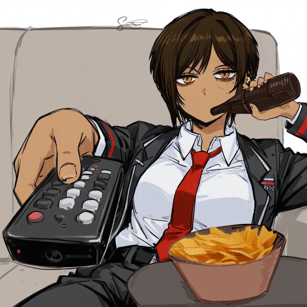 1girl bags_under_eyes beer_bottle bottle breasts brown_eyes brown_hair chips_(food) collared_shirt commentary controller couch dark-skinned_female dark_skin drinking english_commentary food foreshortening holding holding_bottle holding_remote_control limbus_company long_sleeves man_watching_tv_(meme) meme necktie on_couch outis_(project_moon) potato_chips project_moon remote_control shirt short_hair signature simple_background sinsoft sitting solo white_shirt