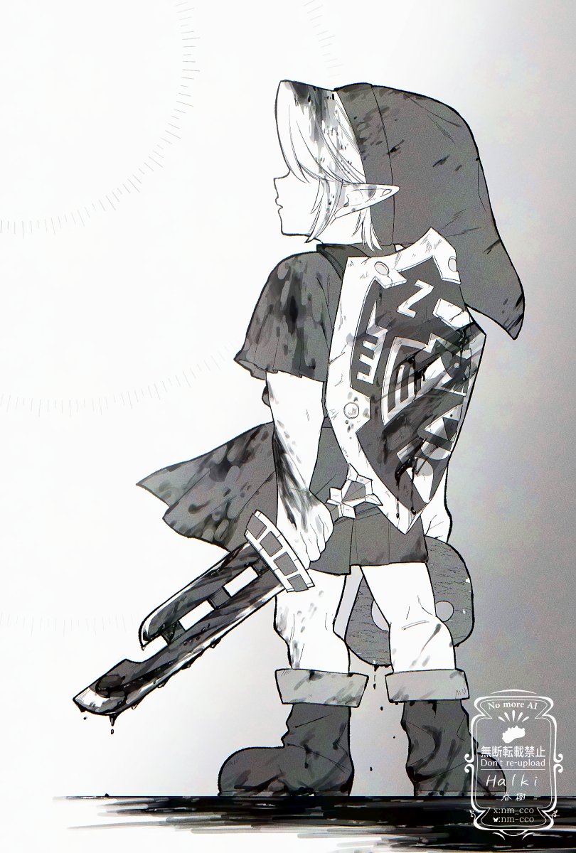 1boy ao_haruki blood blood_on_clothes blood_on_hands boots from_behind full_body greyscale hat highres holding holding_shield holding_sword holding_weapon link monochrome nintendo pointy_ears razor_sword shield solo standing sword the_legend_of_zelda the_legend_of_zelda:_majora&#039;s_mask tunic weapon