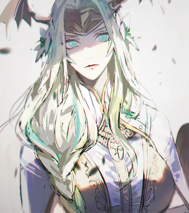 1girl aqua_eyes breasts crown fire_emblem fire_emblem:_three_houses flower green_hair hair_flower hair_ornament hair_over_shoulder helmet large_breasts light_green_hair lips looking_at_viewer low-braided_long_hair low-tied_long_hair nintendo seiros_(fire_emblem) solo tsukimura_noe winged_helmet