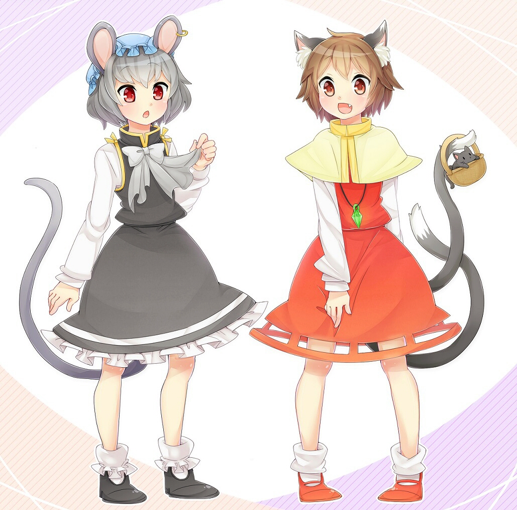 2girls accessories_switch animal_ears basket bow brown_eyes brown_hair capelet cat cat_ears cat_tail chen chen_(cosplay) chestnut_mouth cosplay costume_switch dress ear_piercing earrings fang gem grey_dress grey_hair hat ibaraki_natou jewelry kitten long_sleeves mob_cap mouse_ears mouse_tail multiple_girls multiple_tails nazrin nazrin_(cosplay) necklace nekomata open_mouth pendant piercing red_dress red_eyes shirt single_earring smile tail touhou