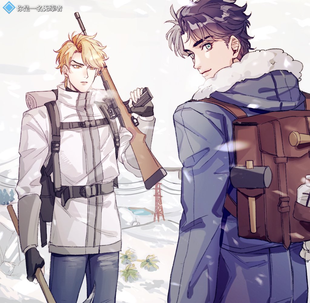 2boys backpack bag blonde_hair blue_eyes blue_hair breath coat commentary_request dio_brando fur_trim gun hako_iix07 holding holding_pickaxe holding_weapon hood hood_down jojo_no_kimyou_na_bouken jonathan_joestar long_sleeves looking_at_another looking_at_viewer male_focus multiple_boys outdoors pants parted_lips phantom_blood pickaxe short_hair smile weapon winter winter_clothes winter_coat yellow_eyes