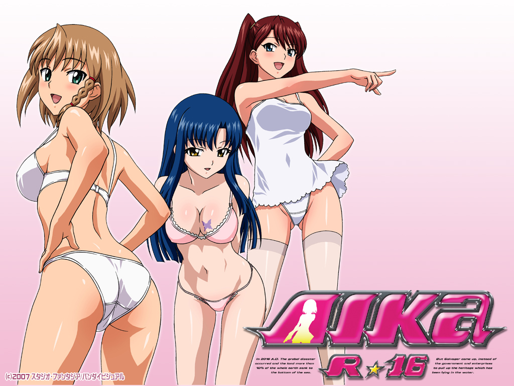 00s 2007 3girls aika_(series) aika_r-16 aqua_eyes arms_behind_back ass back bare_arms bare_shoulders blue_eyes blue_hair blush bra braid breast_tattoo breasts brown_hair butterfly_tattoo camisole cleavage collarbone copyright_name covered_erect_nipples covered_navel crotch_seam female_focus gluteal_fold gradient_background hand_on_own_hip hands_on_own_hips large_breasts legs lingerie logo long_hair looking_at_viewer looking_back medium_breasts minamino_karen multiple_girls navel official_art open_mouth outstretched_arm panties pink_background pink_bra pink_panties red_hair shingai_eri short_hair side_braid sidelocks single_braid smile standing sumeragi_aika tattoo thighhighs thighs twintails underwear underwear_only white_bra white_camisole white_panties yamauchi_noriyasu yellow_eyes