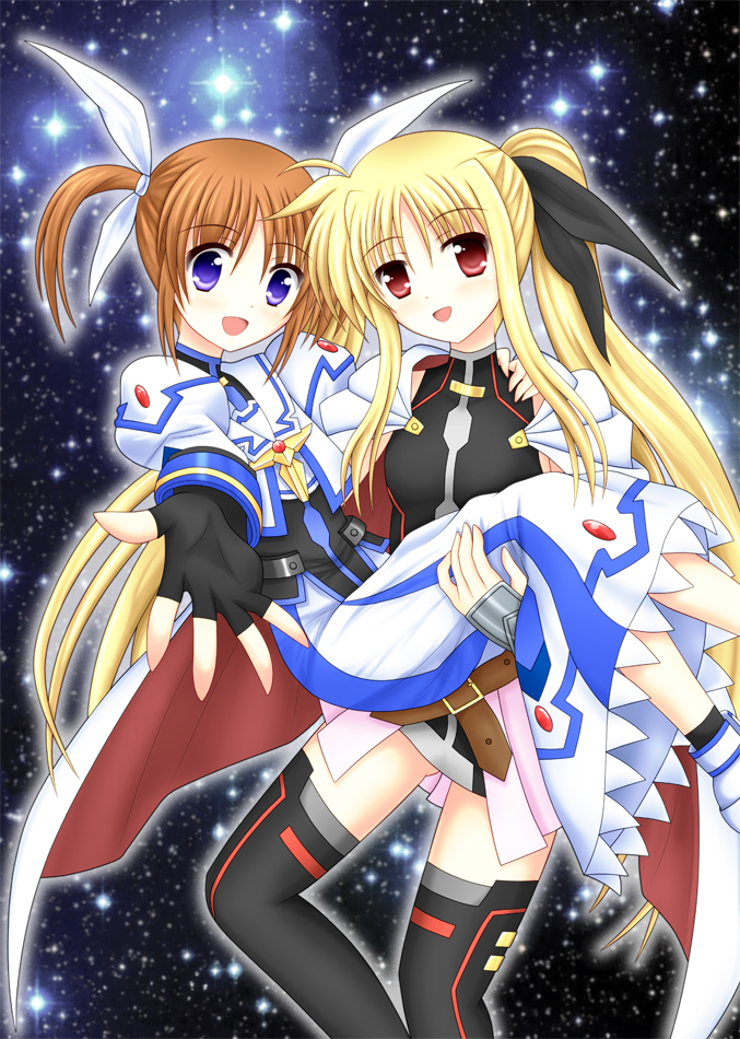 2girls black_ribbon blonde_hair blue_eyes capelet carrying cloak couple fate_testarossa fate_testarossa_(blaze_form) hair_ribbon happy lyrical_nanoha magical_girl mahou_shoujo_lyrical_nanoha mahou_shoujo_lyrical_nanoha_a&#039;s multiple_girls open_mouth orange_hair parted_lips princess_carry raikkonen713 red_eyes ribbon short_twintails sky smile star_(sky) starry_sky takamachi_nanoha takamachi_nanoha_(exelion_mode) thighhighs twintails white_ribbon yuri zettai_ryouiki