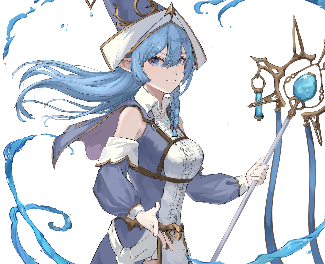 1girl blue_eyes blue_hair braid breast_strap breasts detached_sleeves dress duel_monster hat holding holding_staff large_breasts long_hair long_sleeves looking_at_viewer nbee_ya pointy_ears pointy_hat single_braid solo staff water_enchantress_of_the_temple wizard_hat yu-gi-oh!