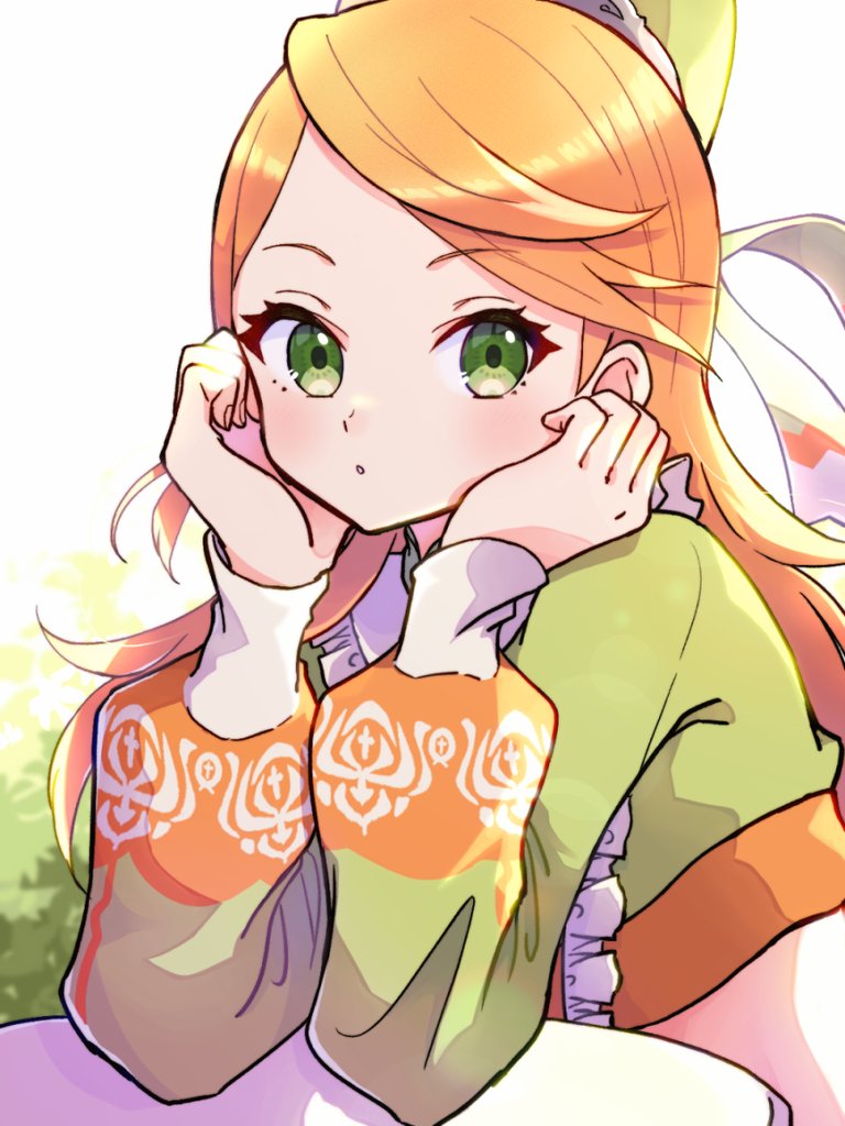 1girl etie_(fire_emblem) fire_emblem fire_emblem_engage gogatsu_(yeaholiday) green_eyes hair_ornament hands_on_own_face long_hair long_sleeves looking_at_viewer nintendo orange_hair sitting solo swept_bangs table tiara upper_body white_background
