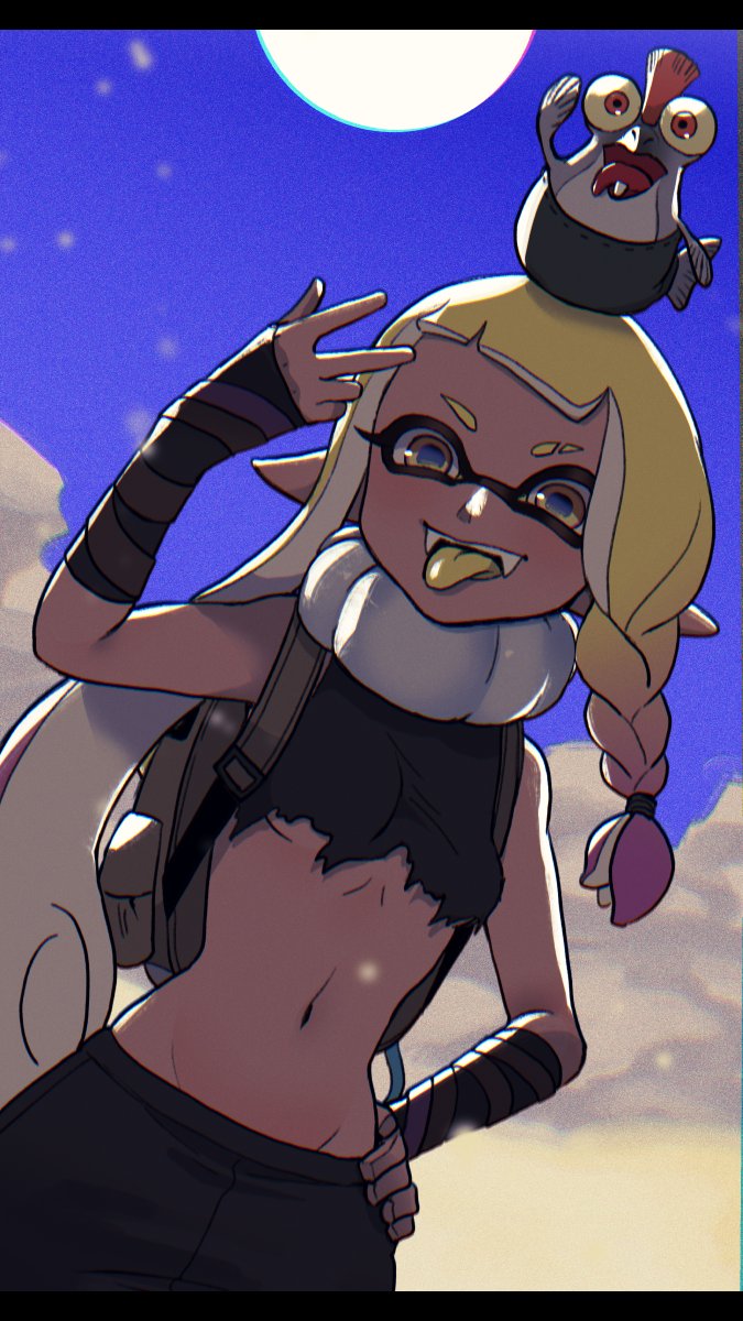 1girl agent_3_(splatoon_3) arm_up asymmetrical_hair backpack bag bandaged_arm bandages bare_shoulders black_bandages black_pants black_shirt blonde_hair braid breasts brown_bag choker colored_tongue commentary_request cowboy_shot creature_on_head dark-skinned_female dark_skin day dutch_angle eyebrow_cut fangs gradient_hair groin hair_tie hand_on_own_hip highres inkling inkling_girl inkling_player_character letterboxed light_particles long_hair long_pointy_ears looking_at_viewer lowleg lowleg_pants multicolored_hair navel nintendo open_mouth outdoors pants pointy_ears purple_hair salmonid shirt short_bangs single_braid sleeveless sleeveless_shirt small_breasts smallfry_(splatoon) solo splatoon_(series) splatoon_3 stomach suction_cups tentacle_hair tongue tongue_out torn_clothes torn_shirt two-tone_hair underboob v-shaped_eyebrows very_long_hair w white_choker yellow_eyes yellow_tongue yeneny