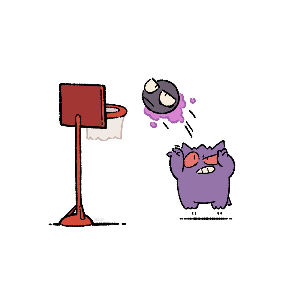 arms_up basketball basketball_hoop closed_mouth colored_sclera commentary commission english_commentary gastly gen_1_pokemon gengar half-closed_eye jumping ko-fi_commission light_frown motion_lines nintendo open_mouth plainwhite playing_sports pokemon pokemon_(creature) pokemon_focus red_sclera simple_background teeth white_background