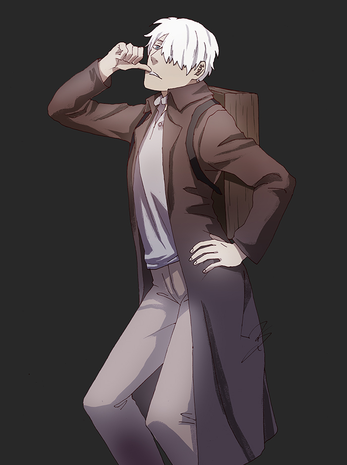 1boy brown_coat coat death_parade ginko_(mushishi) green_eyes grey_background grey_pants grey_shirt hair_over_one_eye hand_on_own_hip looking_at_viewer male_focus mushishi open_clothes open_coat pants parody ravefirell shirt signature silver_hair simple_background solo wooden_box