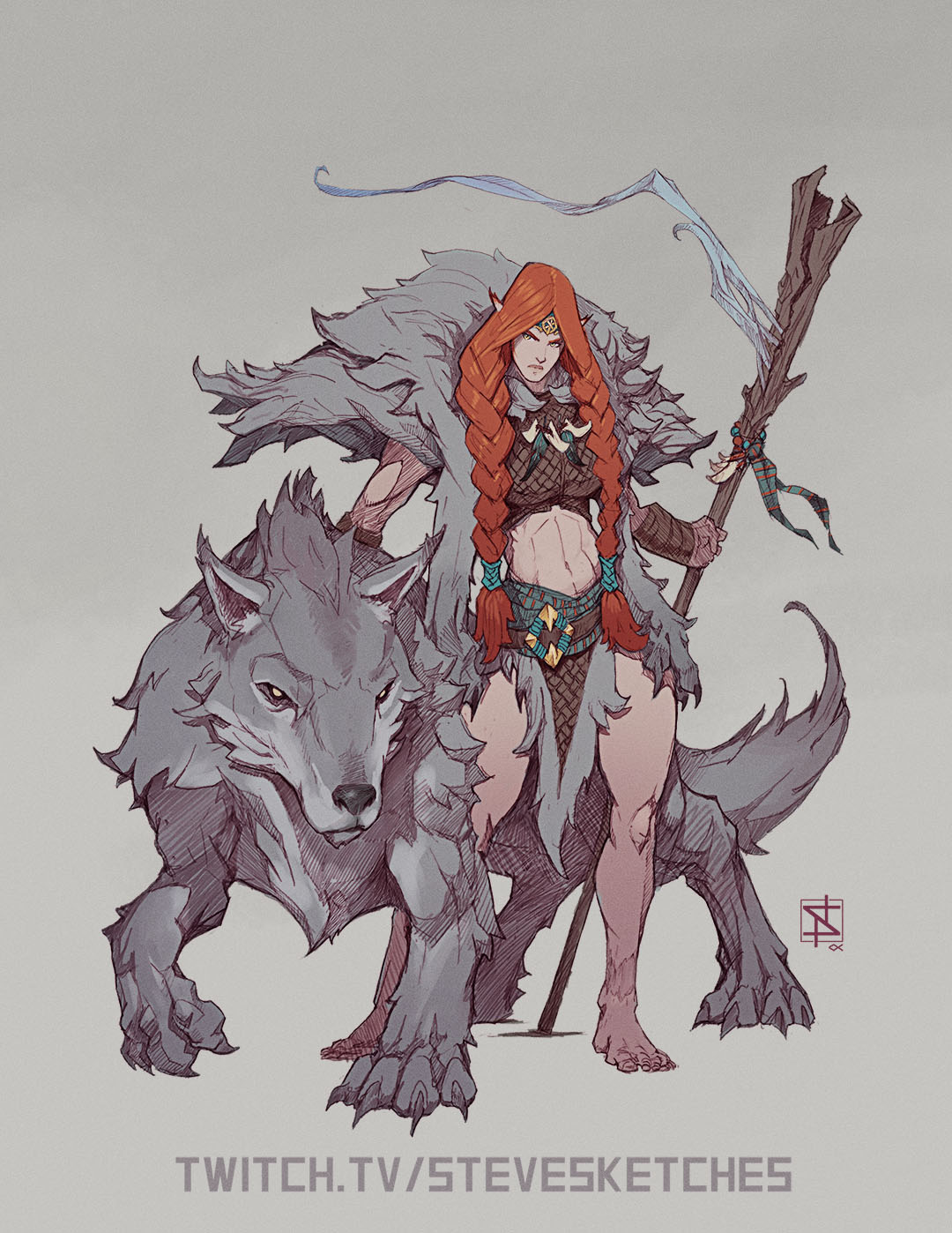 1girl animal armor bare_legs barefoot bone_ornament braid breasts claws commentary elf english_commentary feet fur_trim grey_background grey_fur highres jewelry large_breasts leather_armor loincloth midriff necklace orange_hair original pointy_ears serious shadow signature solo_focus staff stevesketches1 toenails toned toned_female tooth_necklace twin_braids twitch.tv viking watermark web_address wolf yellow_eyes