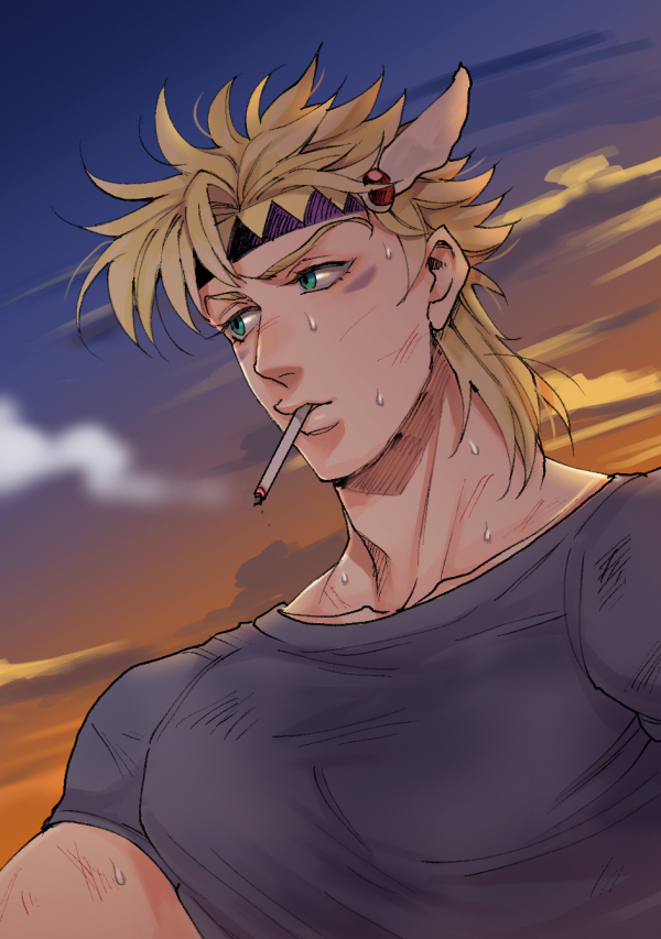 1boy blonde_hair caesar_anthonio_zeppeli facial_mark feather_hair_ornament feathers fingerless_gloves gloves green_eyes hair_ornament headband jojo_no_kimyou_na_bouken male_focus shirt smoking solo sunabu sunset sweat nervous_sweating t-shirt triangle_print