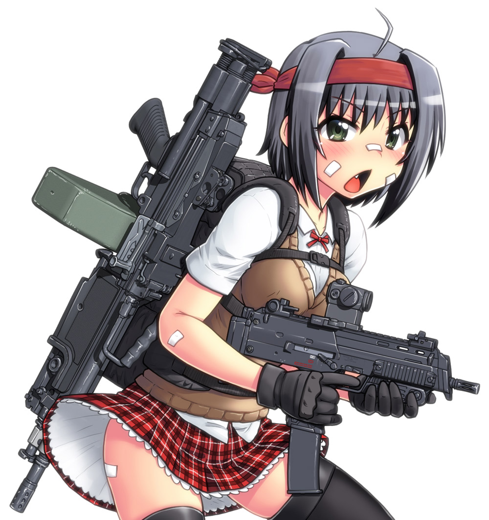 1girl ahoge backpack bag bandaid bandaid_on_ass bandaid_on_cheek bandaid_on_face bandaid_on_nose black_hair black_thighhighs breasts brown_sweater commentary_request fang green_eyes gun hase_yu headband holding holding_gun holding_weapon leaning_forward machine_gun medium_breasts medium_hair miniskirt original plaid_clothes plaid_skirt red_headband shirt skirt solo submachine_gun sweater thighhighs untucked_shirt weapon zettai_ryouiki