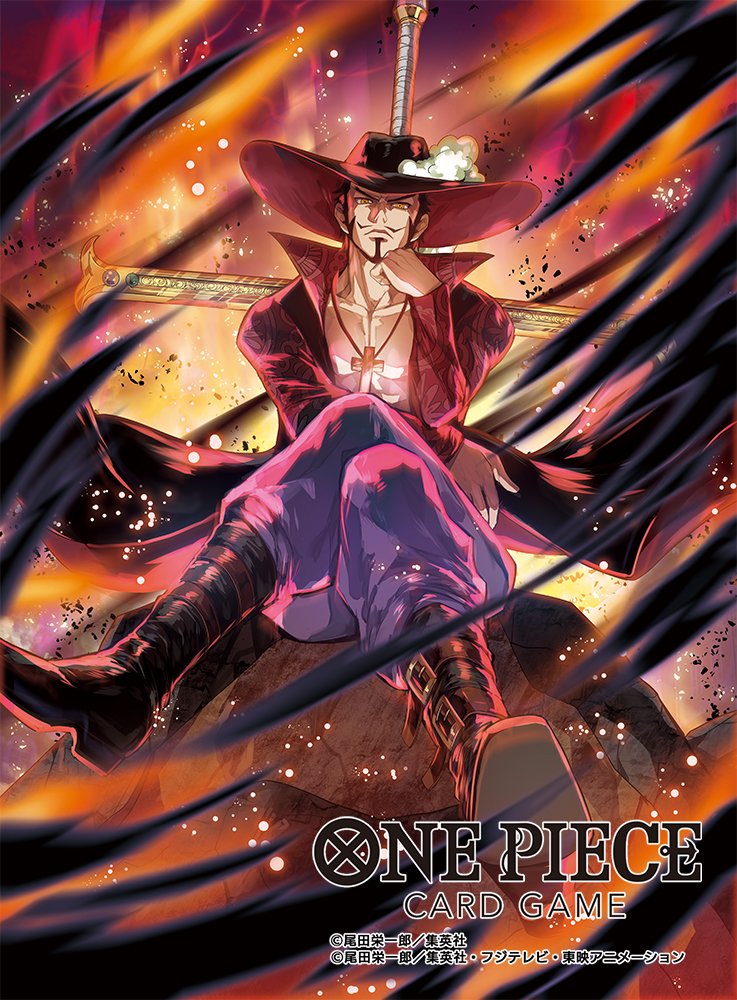 1boy beard black_hair boots collared_coat commentary_request copyright_name cross_pendant crossed_legs dracule_mihawk embers facial_hair fire hat_feather male_focus moreshan mustache official_art one_piece one_piece_card_game sitting solo sword sword_on_back weapon weapon_on_back