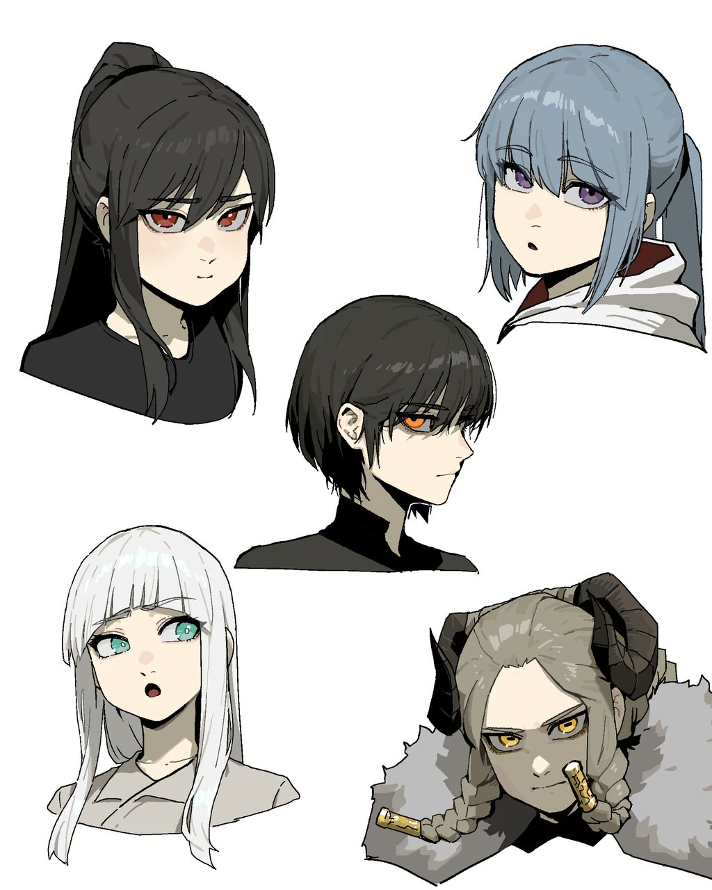 azrael_(gogalking) blue_eyes francisca_(gogalking) gogalking hair_over_shoulder high_ponytail highres long_hair multiple_faces orange_eyes ponytail portia_(gogalking) purple_eyes red_eyes short_hair tatia_(gogalking) upper_body ur-bracka_(gogalking)