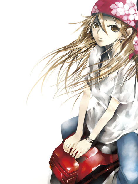 1girl bad_id bandana blue_pants bracelet brown_eyes brown_hair character_request closed_mouth commentary_request copyright_request floating_hair floral_print hair_between_eyes jewelry kei_(keigarou) long_hair pants print_bandana red_bandana shirt short_sleeves simple_background sitting smile solo v_arms white_background white_shirt