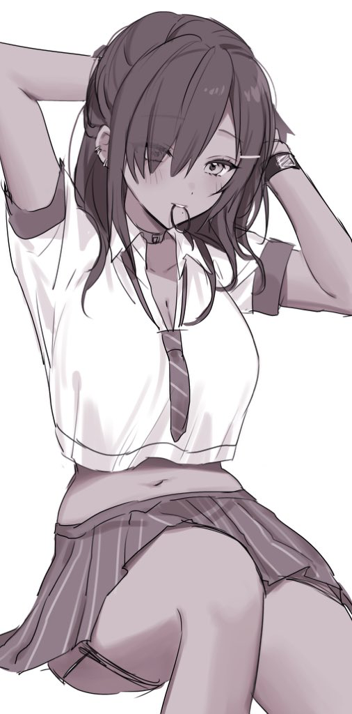 1girl arms_behind_head blush breasts cleavage collar collared_shirt cropped_shirt dark-skinned_female dark_skin ear_piercing earrings feet_out_of_frame goddess_of_victory:_nikke hair_ornament hair_over_one_eye hair_tie jewelry kumo_tabetai large_breasts long_hair looking_at_viewer loose_necktie monochrome mouth_hold naga_(nikke) navel necklace necktie piercing pleated_skirt school_uniform shirt short_sleeves side_ponytail sitting skirt solo striped_necktie