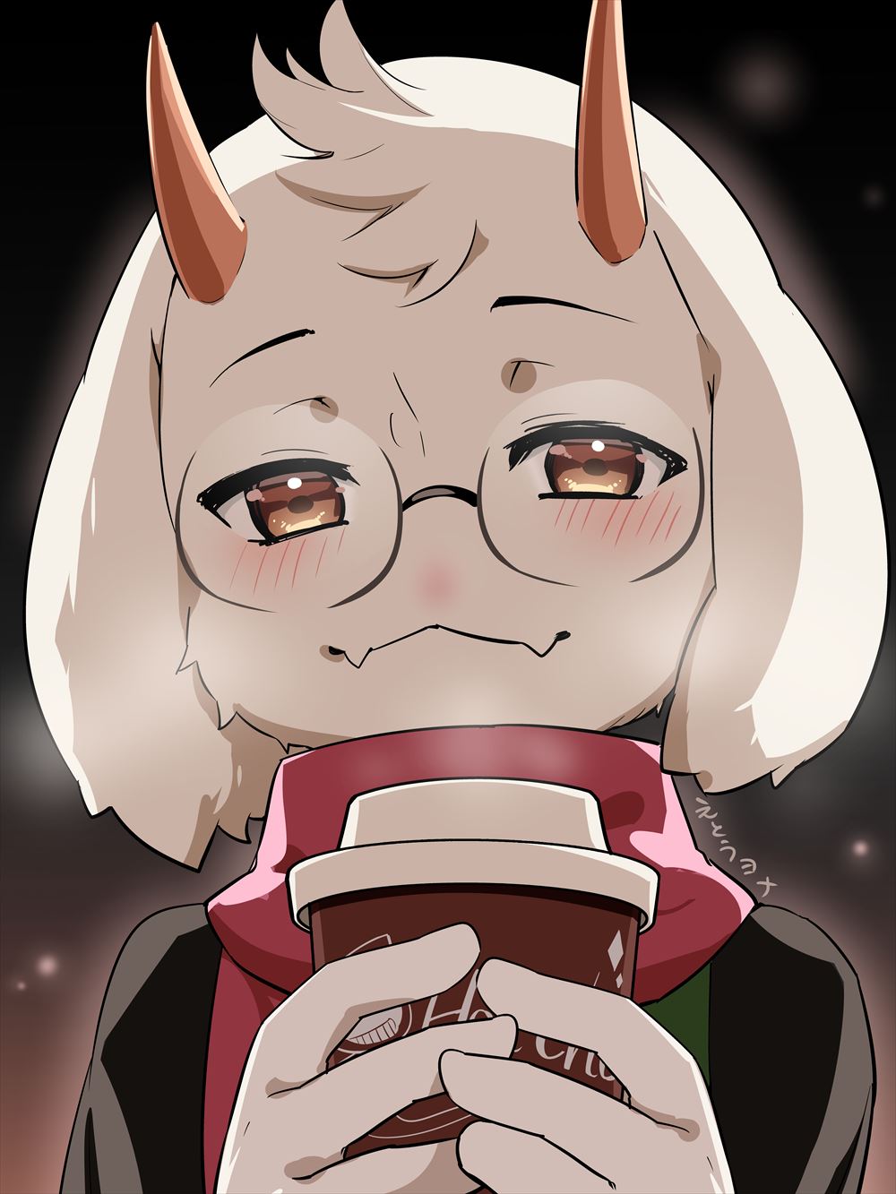 1boy brown_eyes cup deltarune fangs glasses goat_boy highres holding holding_cup horns hp_nokoketaetouyona male_focus pink_scarf ralsei scarf smile solo upper_body white_fur