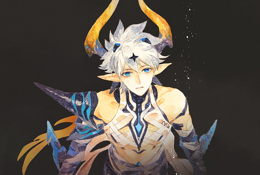 1boy bandaged_arm bandaged_chest bandages bare_shoulders black_background blue_eyes chinese_commentary closed_mouth collarbone kevin_kaslana_(diabolic) from_above grey_hair hair_between_eyes hair_ornament head_tilt honkai_(series) honkai_impact_3rd horns kevin_kaslana limboooo looking_at_viewer looking_up male_focus pointy_ears short_sleeves solo star_(symbol) star_hair_ornament upper_body