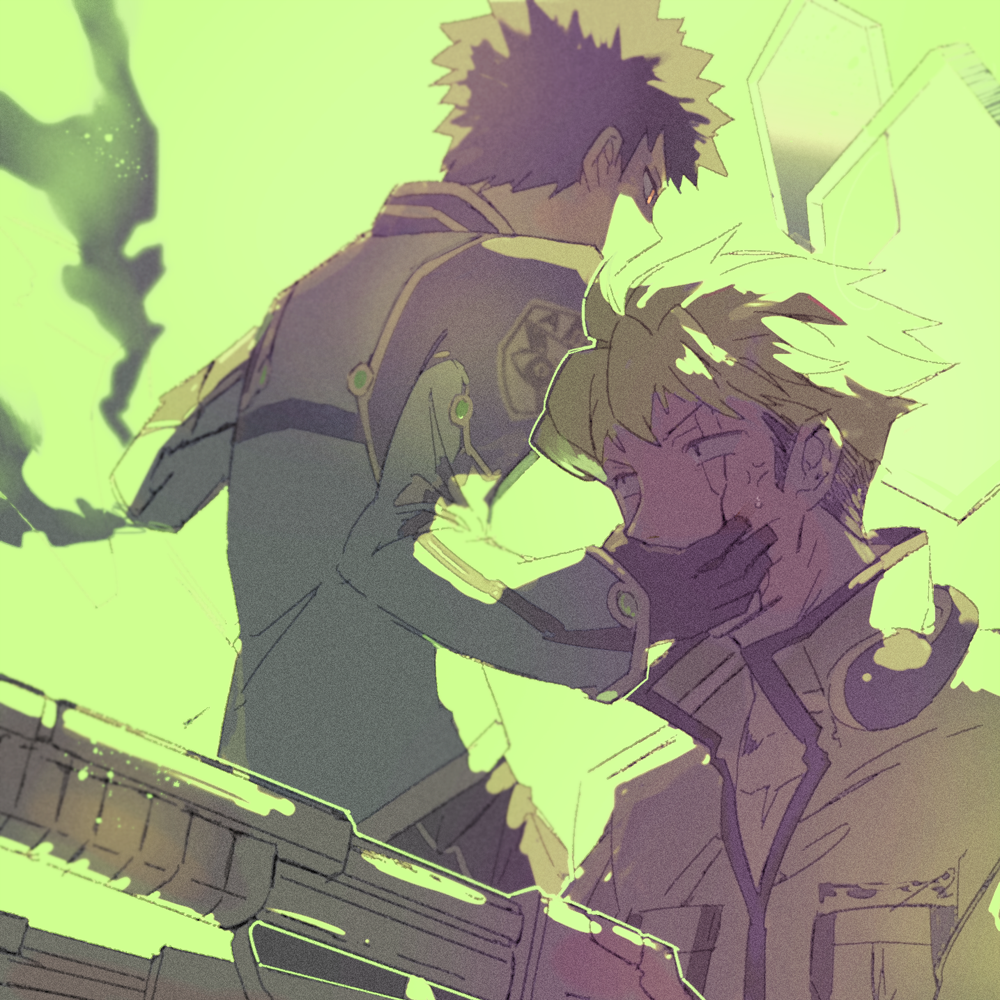 2boys amputee anger_vein black_gloves black_hair blonde_hair blue_jacket covered_mouth covering_another&#039;s_mouth cracked_skin energy_barrier energy_shield gloves glowing green_jacket gun hand_over_another&#039;s_mouth headphones headphones_around_neck injury jacket kazama_souya kazama_squad&#039;s_uniform kzmsnmjkk long_sleeves looking_ahead male_focus multiple_boys pants red_eyes rifle short_hair smoke suwa_koutarou suwa_squad&#039;s_uniform sweatdrop torn_clothes weapon world_trigger