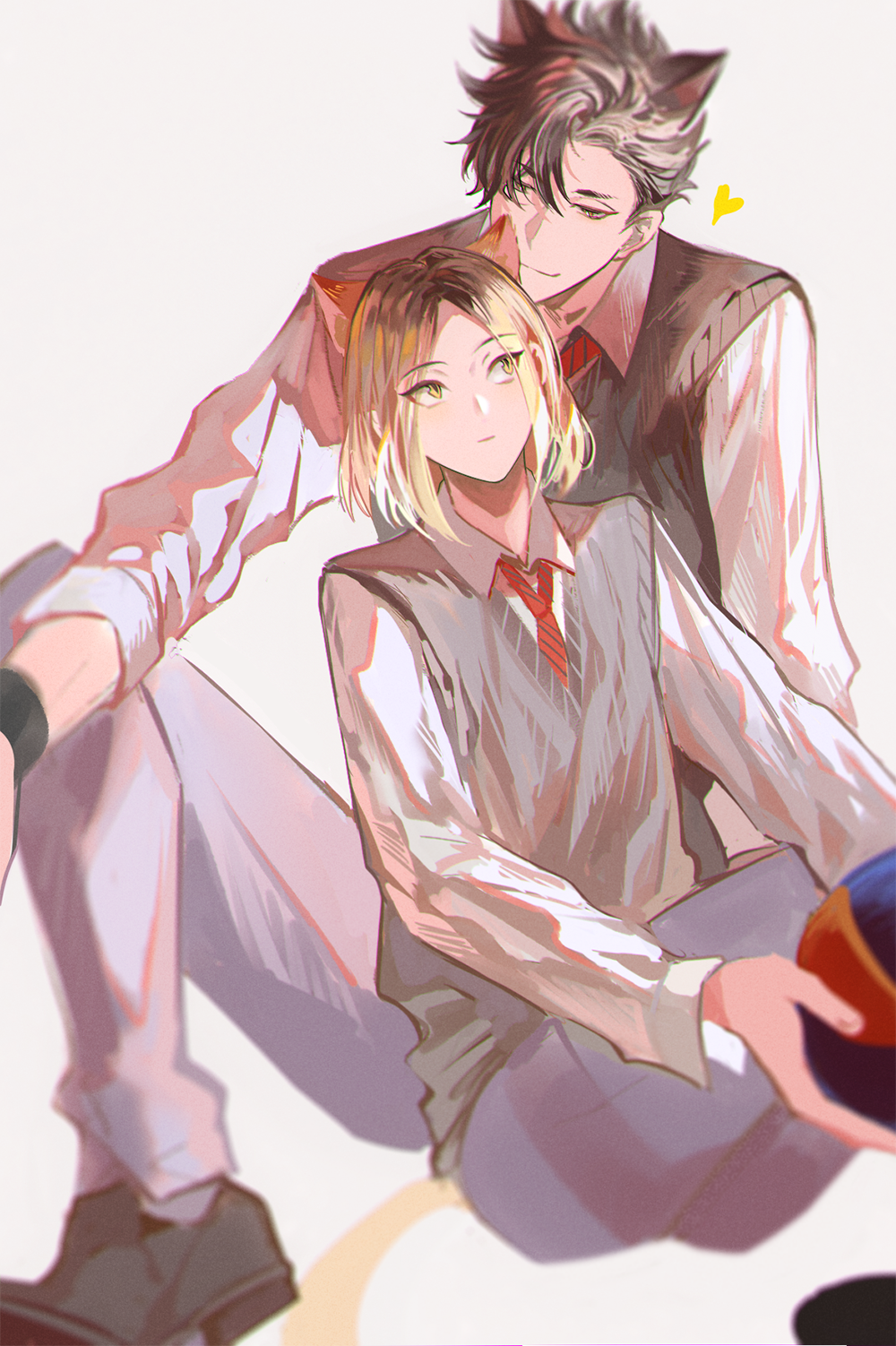 2boys animal_ears ball black_hair blonde_hair cat_boy cat_ears cat_tail closed_mouth collared_shirt grey_hair haikyuu!! heart highres holding holding_ball kozume_kenma kuroo_tetsurou long_sleeves looking_at_another male_focus multicolored_hair multiple_boys necktie pants red_necktie shirt shoes short_hair simple_background sitting smile tail two-tone_hair vest volleyball white_background white_shirt yaoi yellow_eyes yinzinmiemie