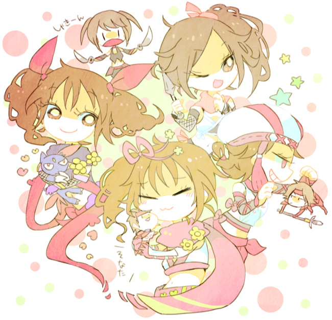 brown_eyes brown_hair chibi closed_eyes game_freak gen_2_pokemon grin kunai kunoichi_(sengoku_musou) ninja nintendo pokemon pokemon_conquest polearm sanada_yukimura_(sengoku_musou) scarf sengoku_musou side_ponytail smile sneasel spear twintails weapon