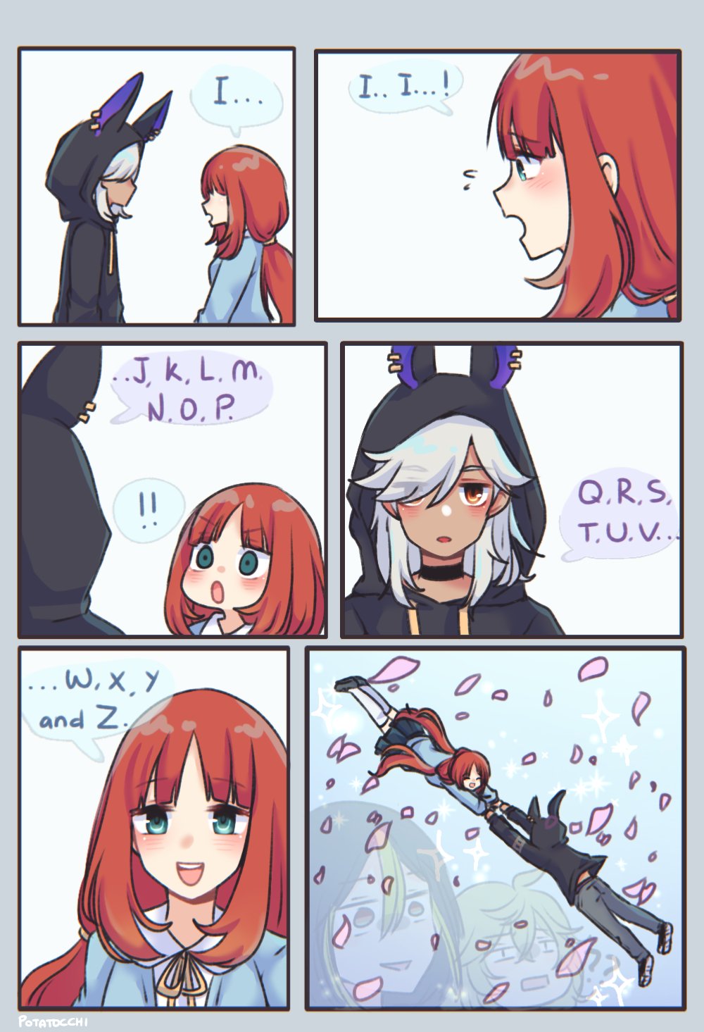 2boys 2girls 6koma alternate_costume black_hair blue_eyes cherry_blossoms collei_(genshin_impact) comic cutbu&#039;s_alphabet_comic_(meme) cyno_(genshin_impact) english_text genshin_impact green_hair grey_hair highres hood jewelry makoto_774 meme multiple_boys multiple_girls necklace nilou_(genshin_impact) red_eyes red_hair tighnari_(genshin_impact)