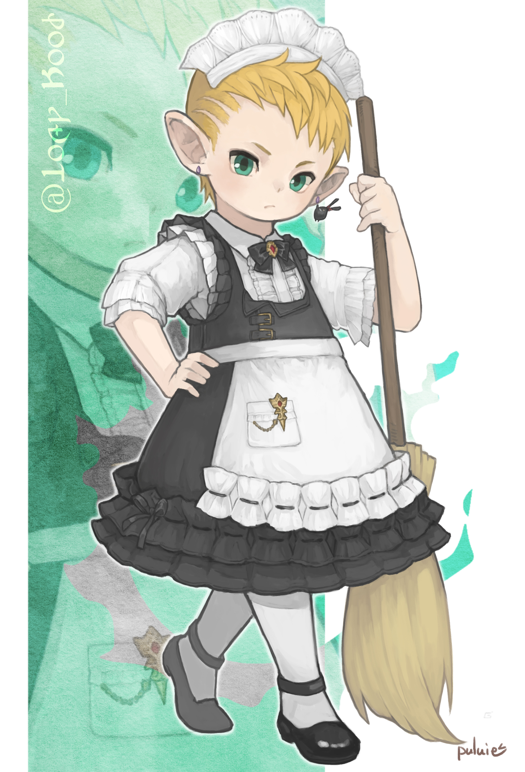 1boy absurdres apron black_bow black_bowtie black_dress blonde_hair bow bowtie broom closed_mouth collar crossdressing dress earrings final_fantasy final_fantasy_xiv frilled_dress frills full_body gem green_eyes hand_on_own_hip highres holding holding_broom jewelry lalafell looking_at_viewer maid maid_apron maid_headdress male_focus multiple_views pointy_ears puluie short_hair signature single_earring spriggan_(final_fantasy) tiptoes waist_apron white_collar white_headdress