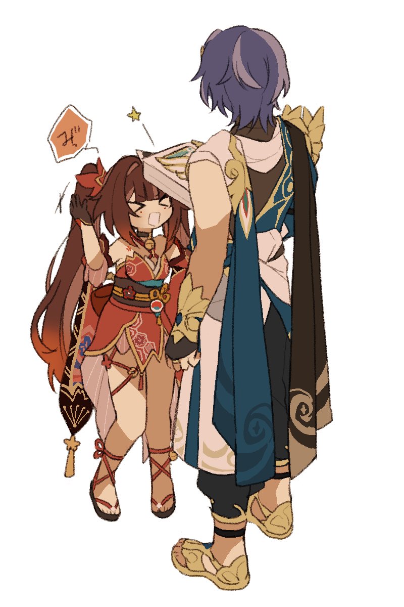 &gt;_&lt; 1boy 1girl bonk book brown_hair closed_eyes commentary detached_sleeves dr._ratio_(honkai:_star_rail) facing_away full_body gradient_hair highres holding holding_book honkai:_star_rail honkai_(series) iwashi_(iwashi008) japanese_clothes kimono long_hair mole mole_under_eye multicolored_hair multicolored_scarf okobo platform_sandals purple_hair red_hair red_kimono robe sandals scarf simple_background sparkle_(honkai:_star_rail) thigh_strap twintails white_background white_robe