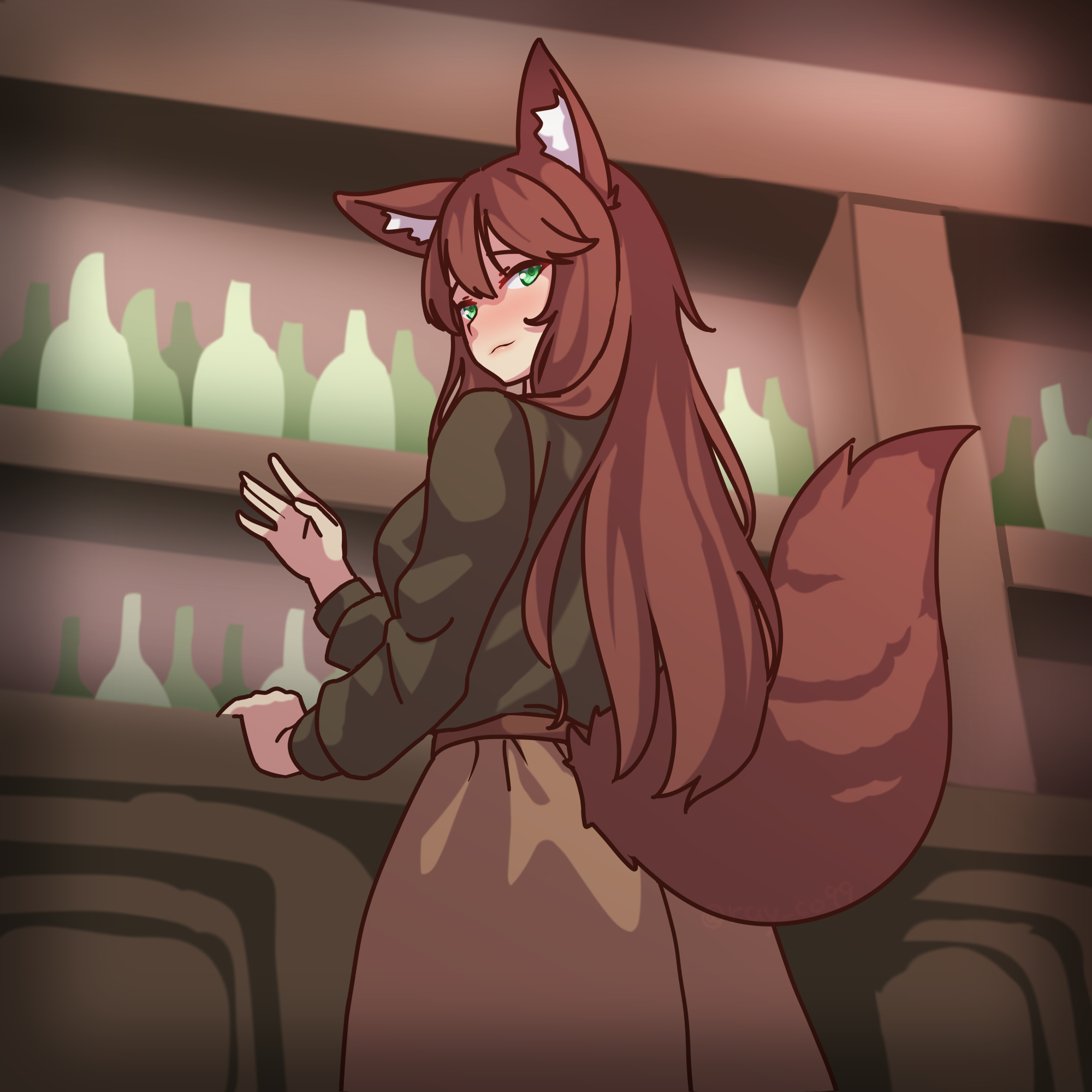 1girl animal_ear_fluff animal_ears black_shirt breasts brown_hair brown_skirt fox_ears fox_girl fox_tail from_behind from_below green_eyes hair_between_eyes highres indoors long_hair long_sleeves looking_at_viewer looking_back looking_down medium_breasts original ray_co99 shirt skirt solo tail very_long_hair