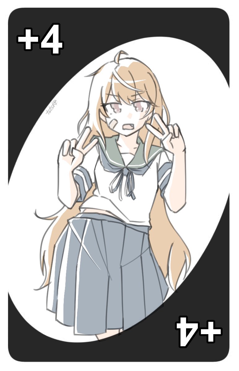 1girl ahoge alternate_hair_length alternate_hairstyle bandaid bandaid_on_face blue_neckerchief blue_sailor_collar blue_skirt brown_eyes brown_hair card_(medium) cowboy_shot double_v fang kantai_collection long_hair looking_at_viewer neckerchief oboro_(kancolle) sailor_collar sailor_shirt school_uniform serafuku shirt skirt solo tatahai uno_(game) v very_long_hair white_shirt