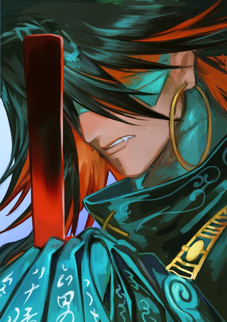 1boy blindfold blue_background earrings fang fang_out fate/grand_order fate_(series) green_hair hand_fan holding holding_fan hoop_earrings jewelry long_hair male_focus multicolored_hair ono_no_takamura_(fate) red_hair solo ta_11_ta_22 two-tone_hair upper_body