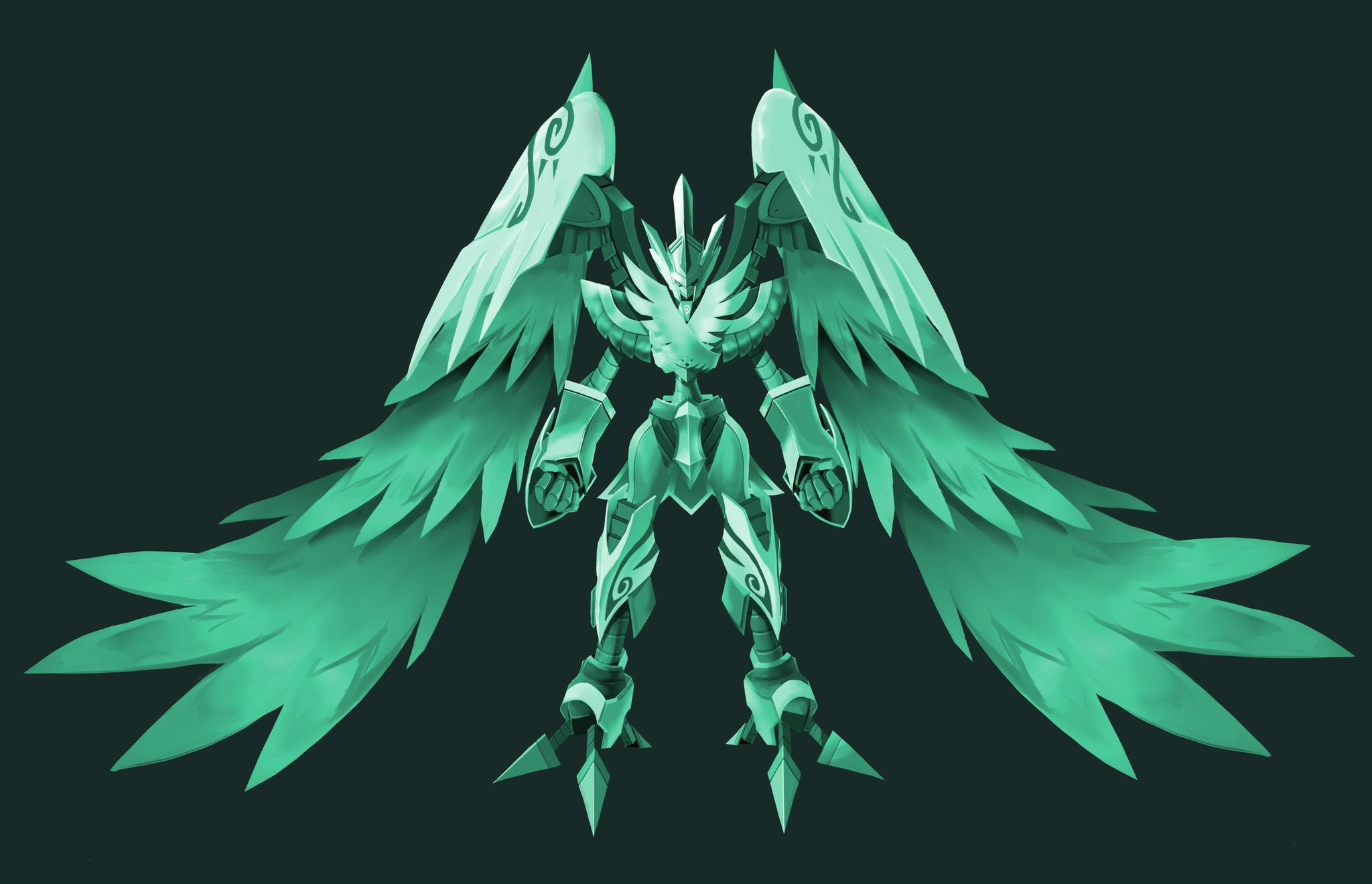 armor bird dark_background digimon digimon_card_game digimon_liberator dragon feathered_wings full_body green_background green_theme greyscale highres horns knight monochrome single_horn solo usagibochi wings zephagamon