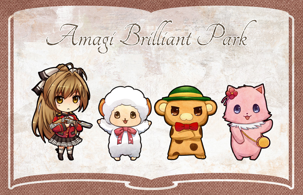 1girl amagi_brilliant_park antenna_hair bag black_footwear book bow brown_eyes brown_hair chibi copyright_name crossed_arms flower gun hair_bow hair_flower hair_ornament handbag long_hair macaron_(amaburi) moffle musket pleated_skirt ponytail sento_isuzu shoes skirt thighhighs tiramii uniform very_long_hair waving weapon white_thighhighs zettai_ryouiki