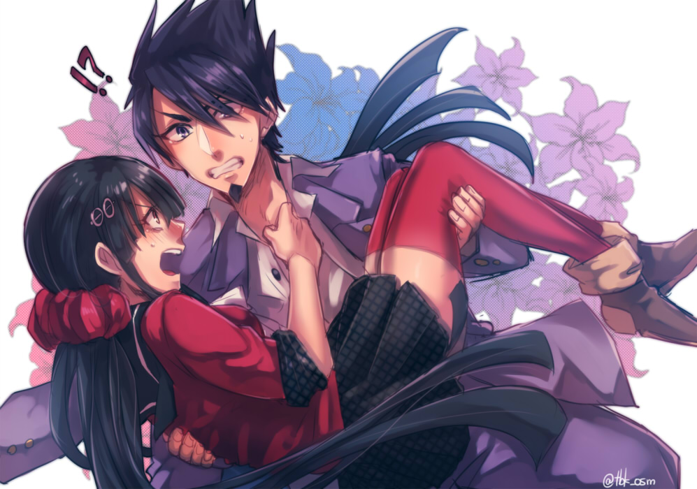 1boy 1girl beard black_hair blush carrying danganronpa_(series) danganronpa_v3:_killing_harmony facial_hair goatee hair_ornament hairclip harukawa_maki jacket kamuinii long_hair momota_kaito open_mouth pleated_skirt princess_carry purple_eyes red_eyes red_thighhighs school_uniform serafuku shirt skirt thighhighs